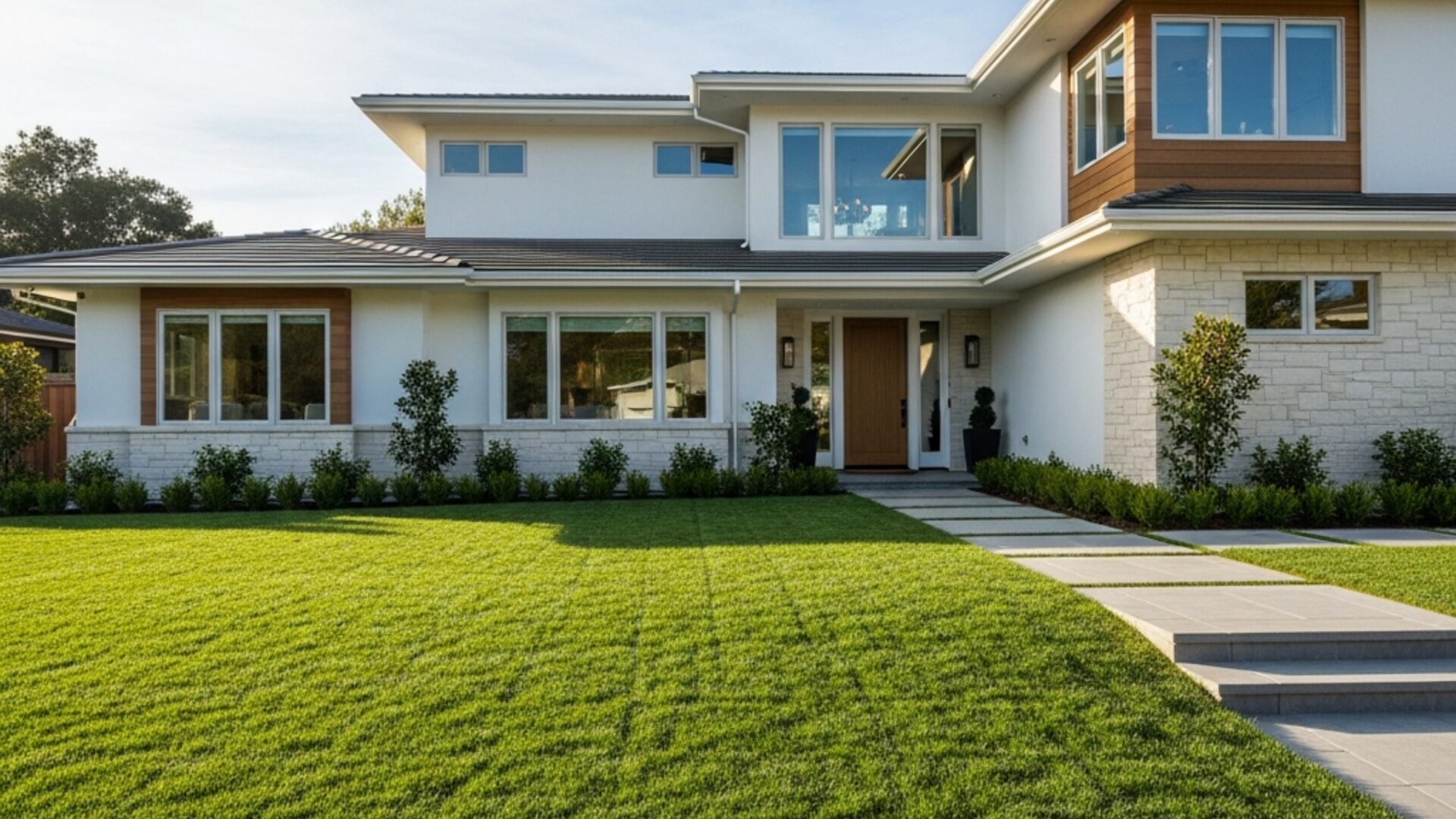 A modern Marin County home with a healthy front lawn